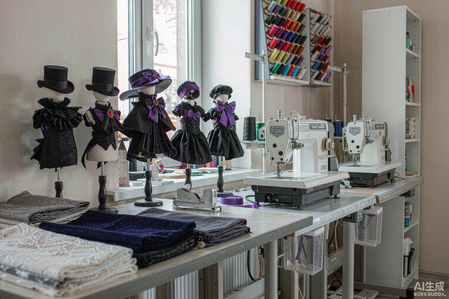 Spriteveil atelier with gothic doll outfits on dress forms